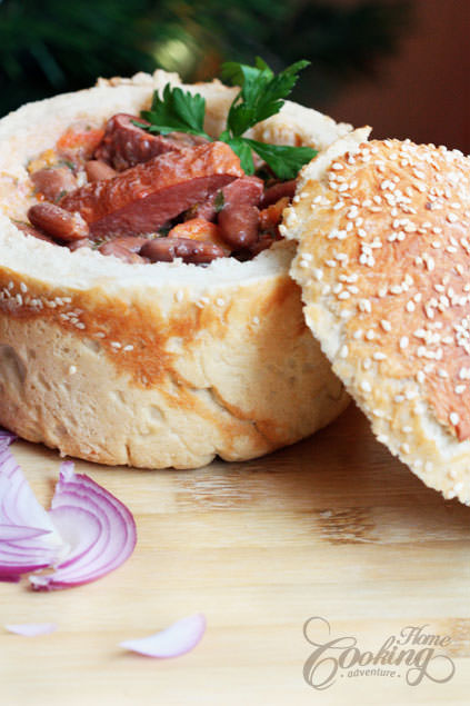 bean soup in bread bowls