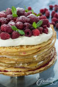 White Chocolate Raspberry Crepe Cake with Fresh Raspberries