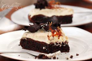 Chocolate Cake with Salted Caramel Mousse ready to be served