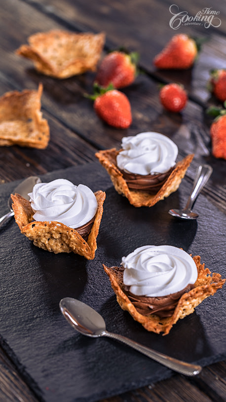 Oatmeal Lace Cookie Cups with Whipped Chocolate Ganache and Strawberry Jam Closeup