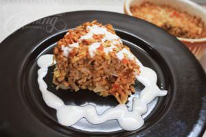 Layered Mushroom & Cabbage Casserole with sourcreme closeup