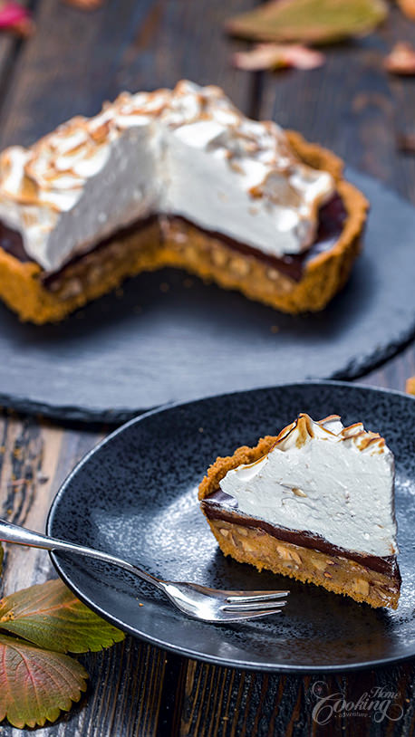 No-bake Chocolate Pecan Pie with Meringue Topping Slice
