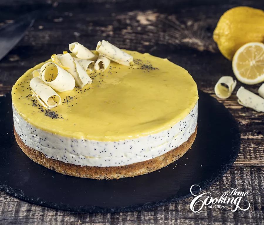 Lemon Poppy Seed Cake with Lemon Curd and White Chocolate decorated with White Chocolate Curls