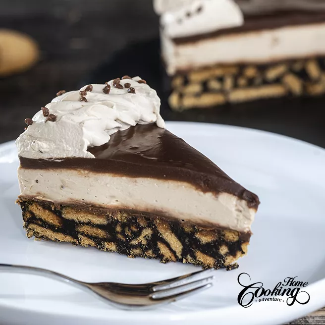 chocolate biscuit mocha mousse cake slice close up