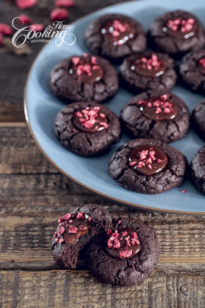 Chocolate Thumbprint Cookies with Choolate Ganache and Raspberries