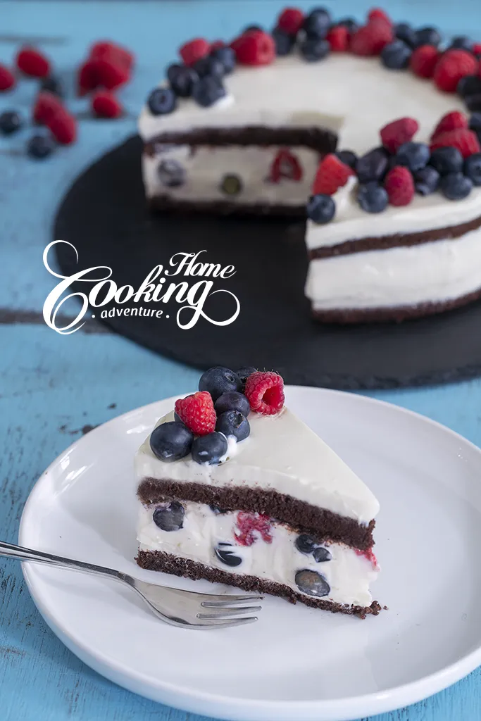 chocolate berry yogurt mousse cake slice