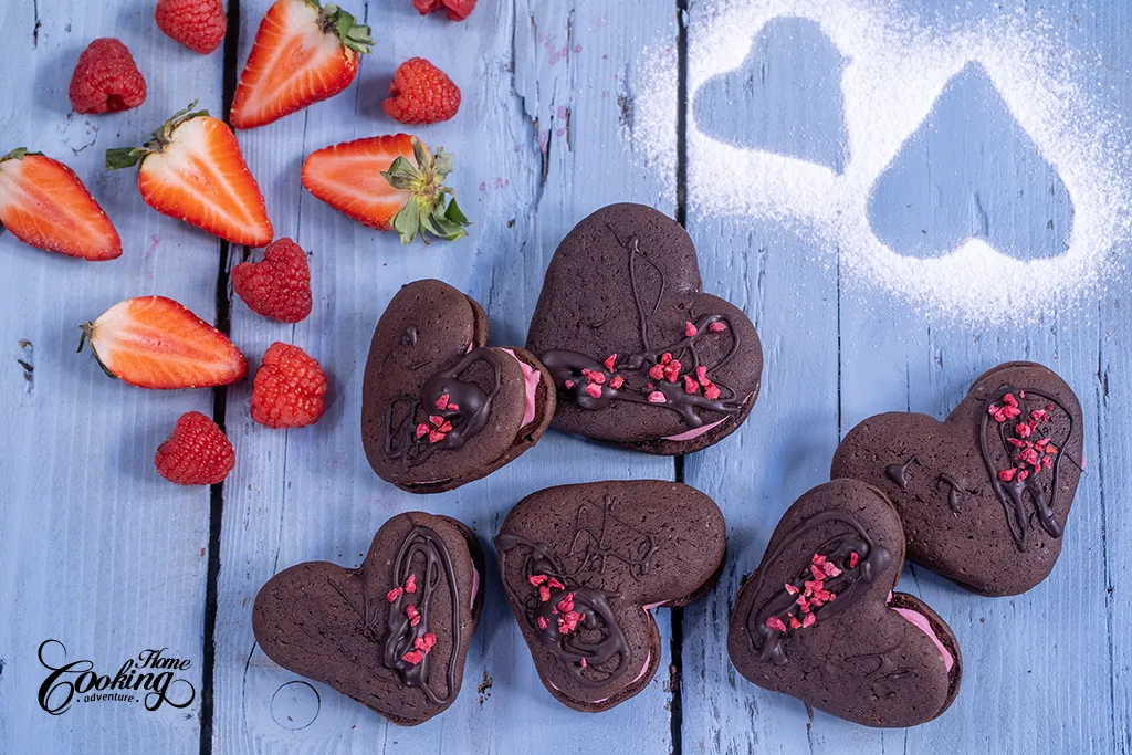 chocolate raspberry whoopie pies with raspberry chocolate ganache