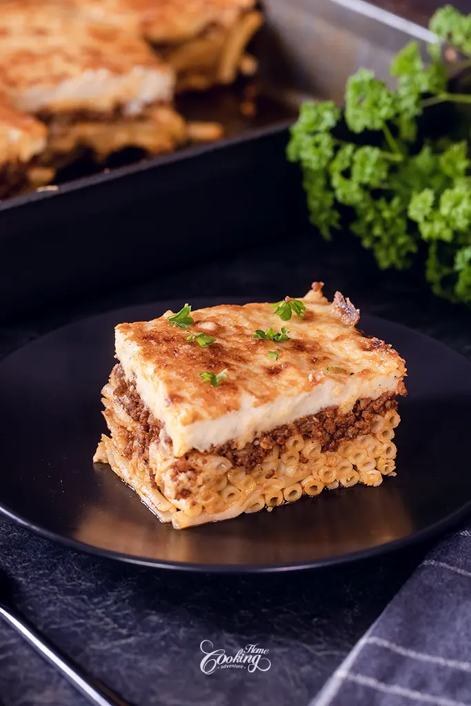 Greek Pastitsio - beautiful slice - pasta, meat sauce and bechamel layers