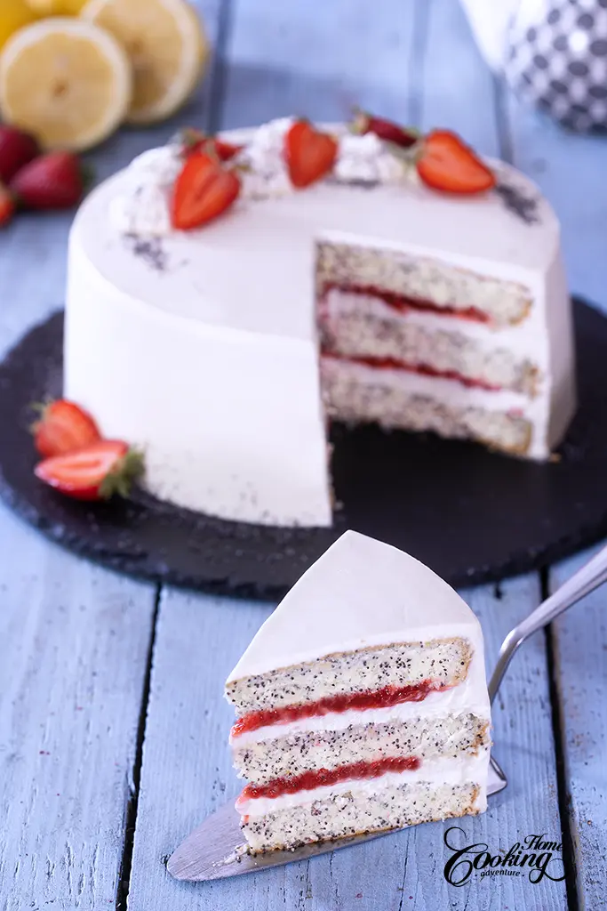 strawberry poppy seed layer cake - slice close-up