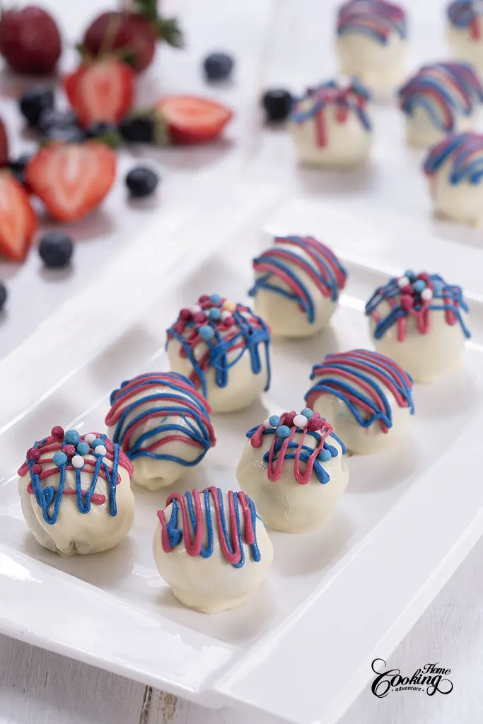 4th of July truffles with red and blue chocolate decoration