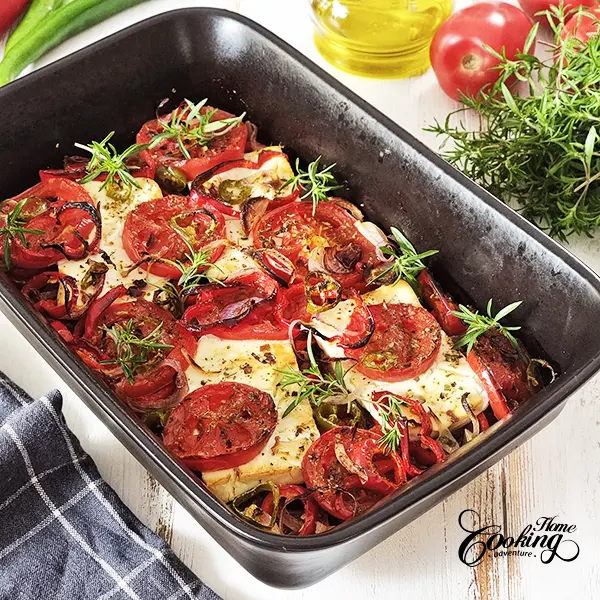 Baked Feta out of the oven.