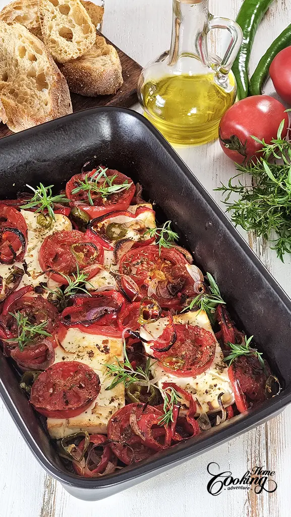 Greek Baked Feta with Tomatoes - spicy dish alongside crusty bread
