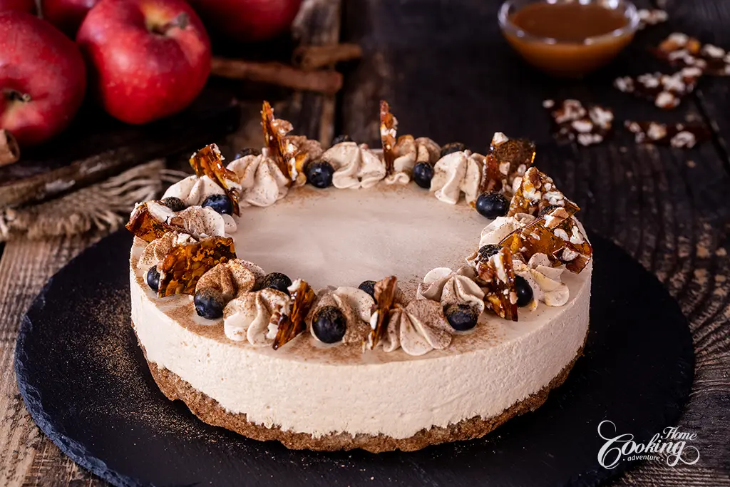 apple pecan caramel mousse cake decorated in autumn spirit