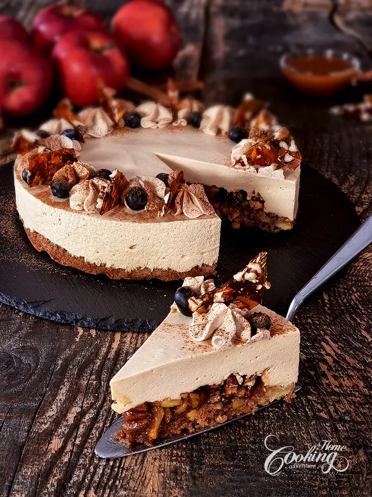 apple pecan caramel mousse cake slice