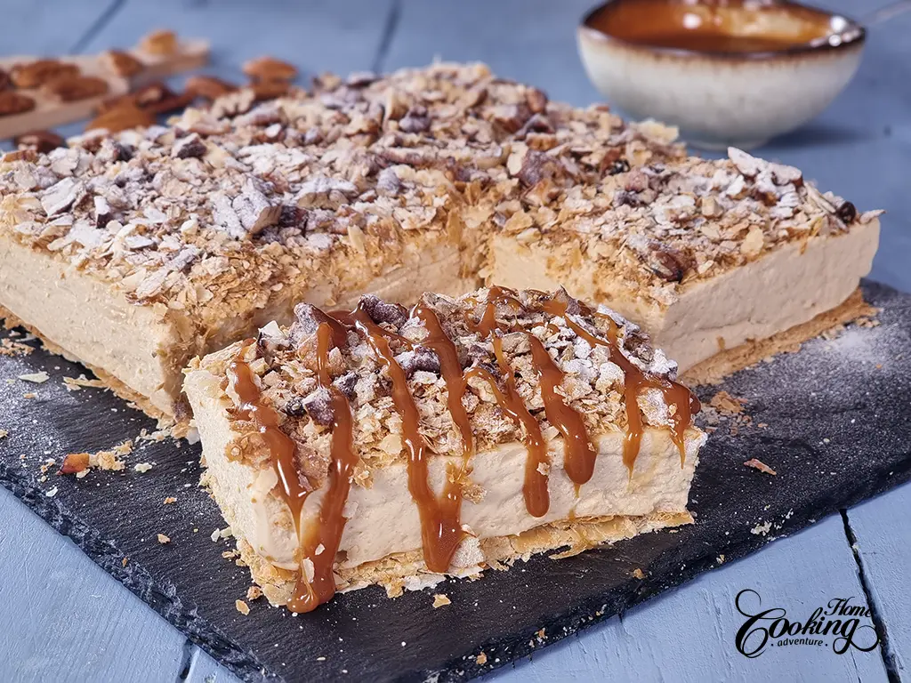 puff pastry caramel slice with a drizzle of salted caramel sauce