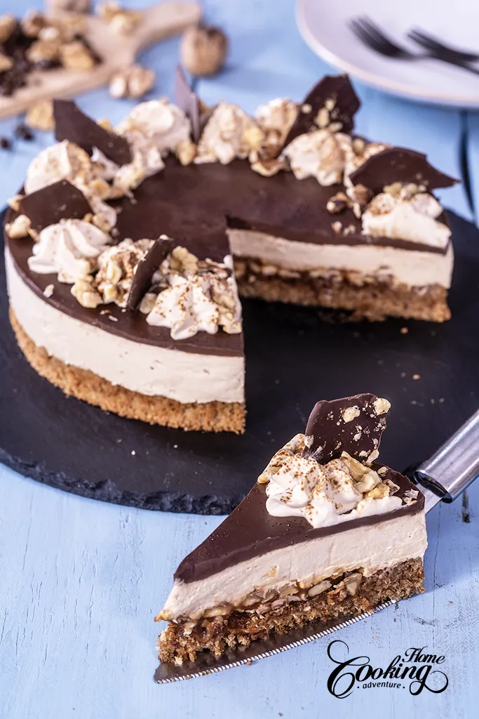 Walnut Coffee Mousse Cake - vertical - slice close-up