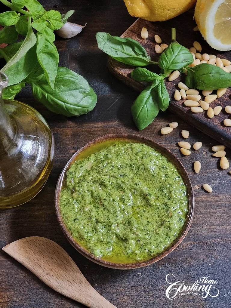 Homemade Pesto with fresh basil and toasted pine nuts