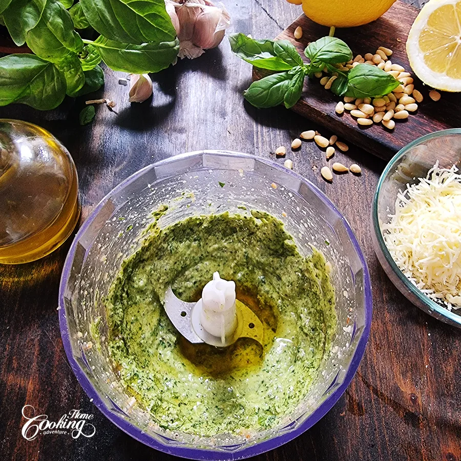 pesto steps- processing the basil with the other ingredients