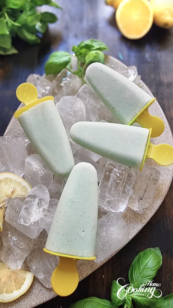 Lemon Basil Yogurt Popsicles over ice cubes