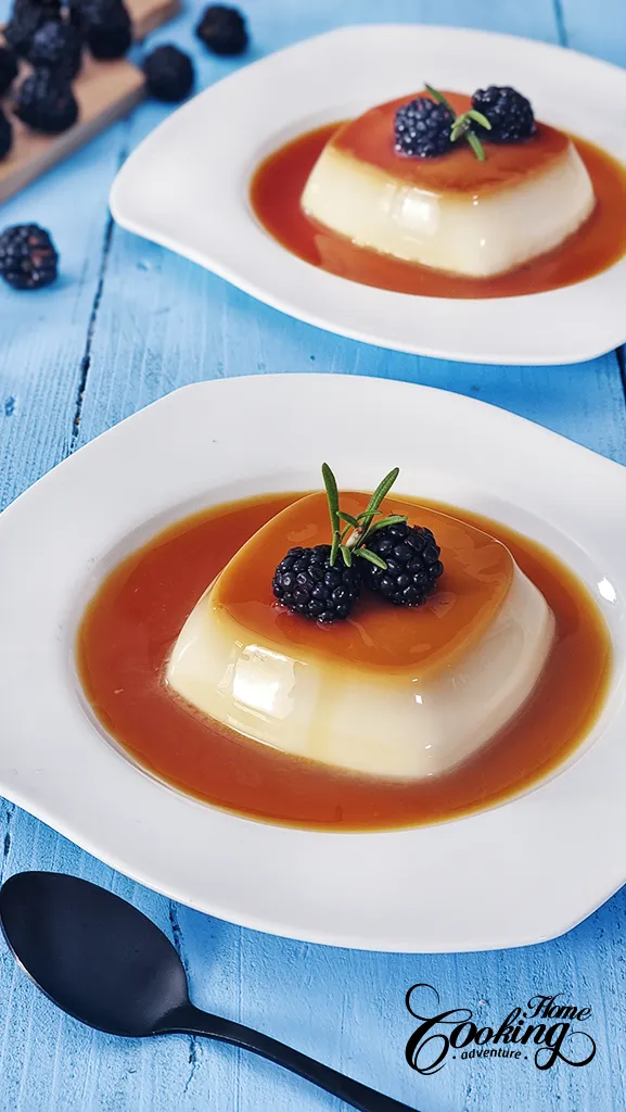 Caramel Panna Cotta with blackberries on top