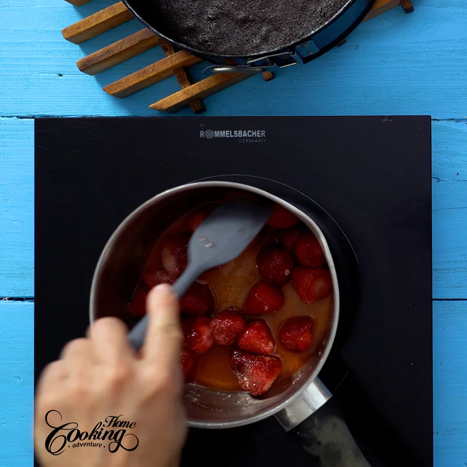 Neapolitan Ice Cream Cake- preparing strawberry sauce
