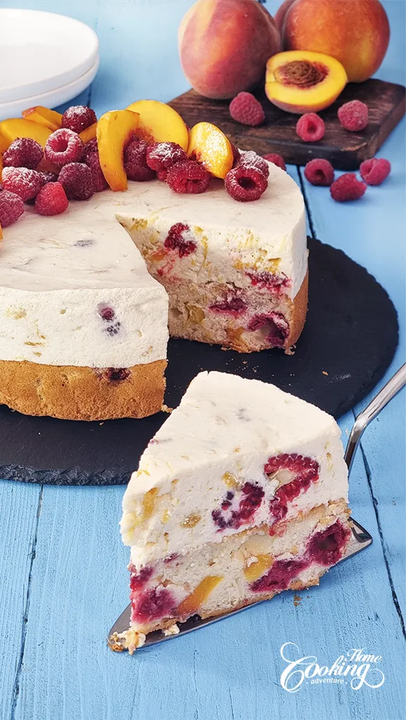 gâteau mousse au yaourt framboise-pêche