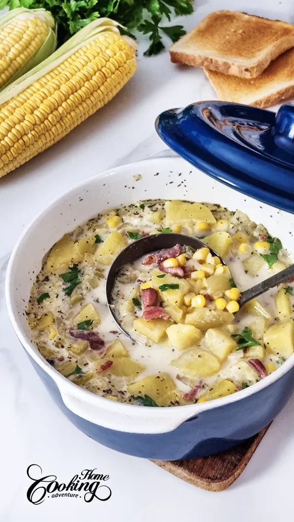 potato corn chowder with crispy bacon on top