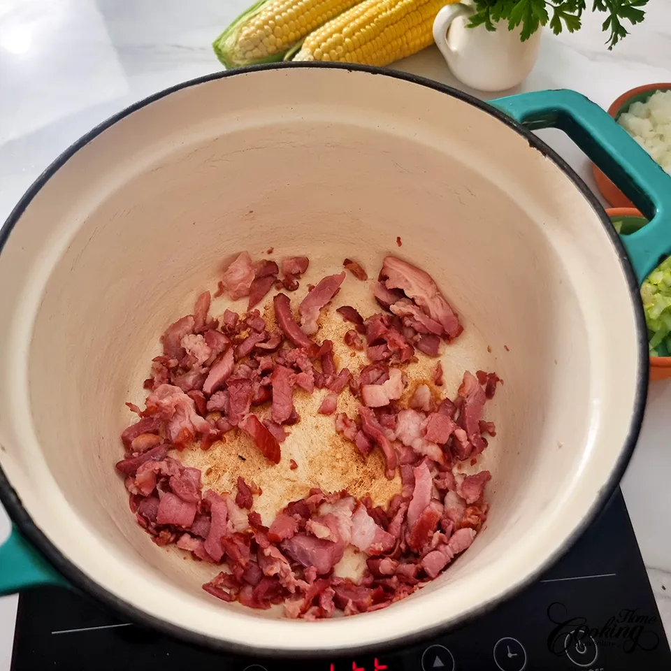 potato corn chowder - cooking the bacon