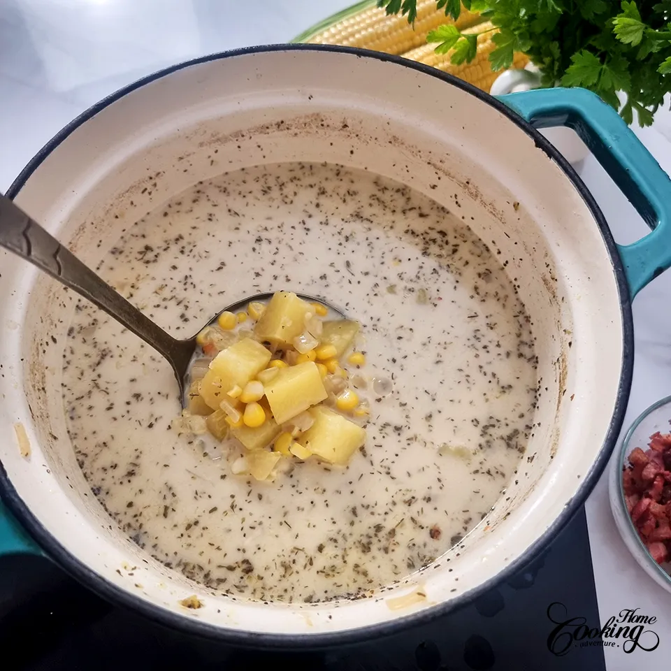 potato corn chowder - season the soup