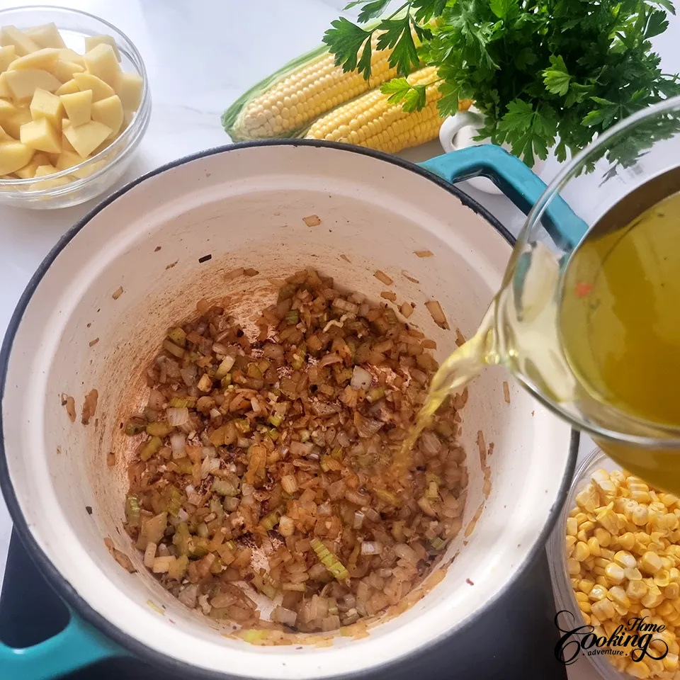 potato corn chowder - add the stock