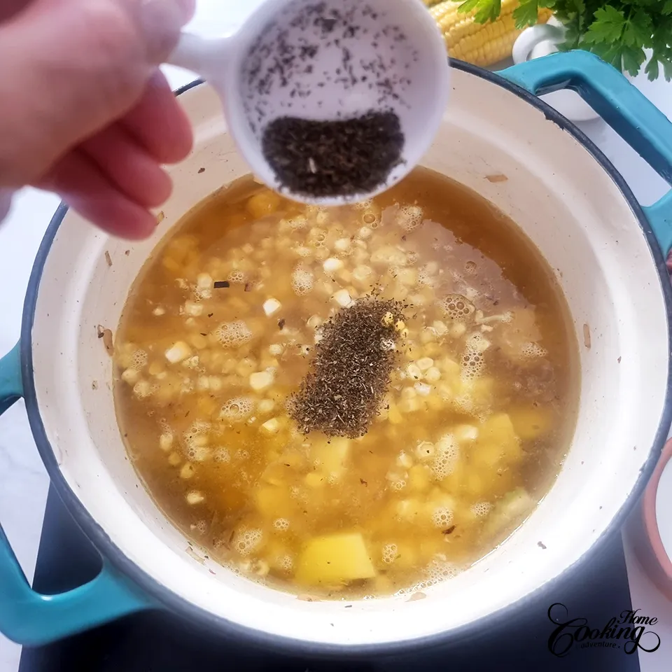 potato corn chowder - add the thyme