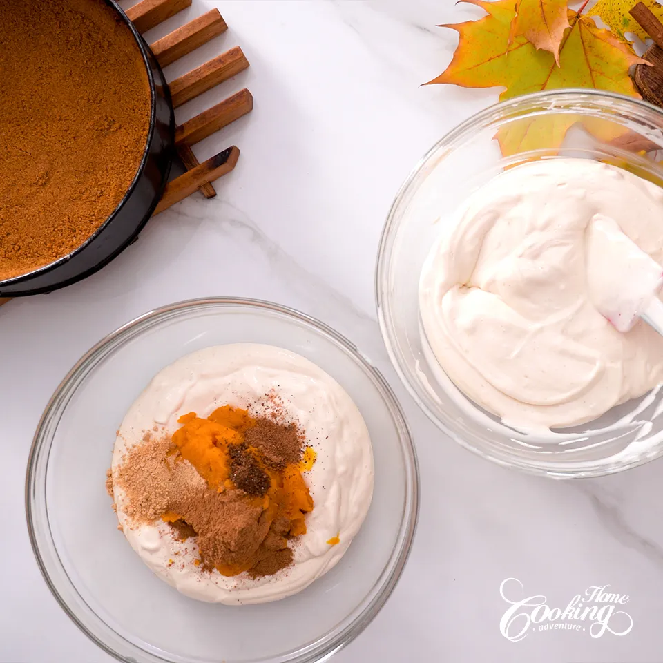 Pumpkin Cheesecake - prepare the cream cheese filling - add pumpkin and spices