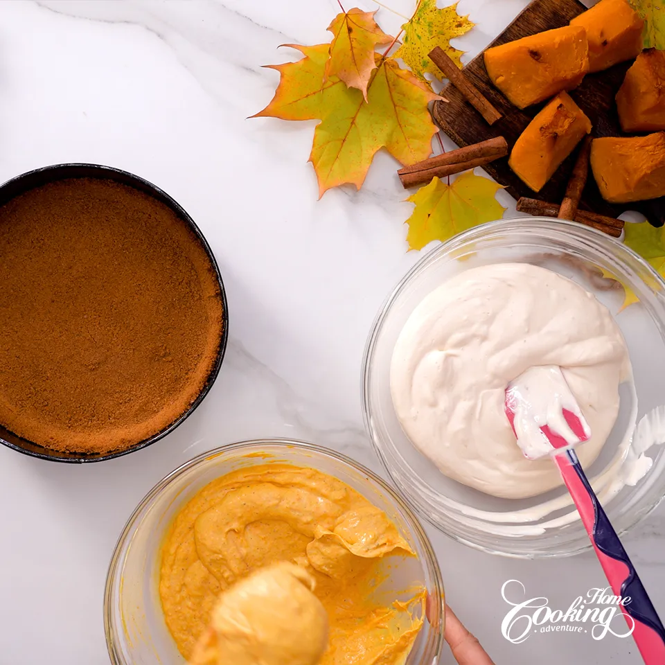 Pumpkin Cheesecake - prepare the cream cheese filling - pumpkin and plain cheesecake filling