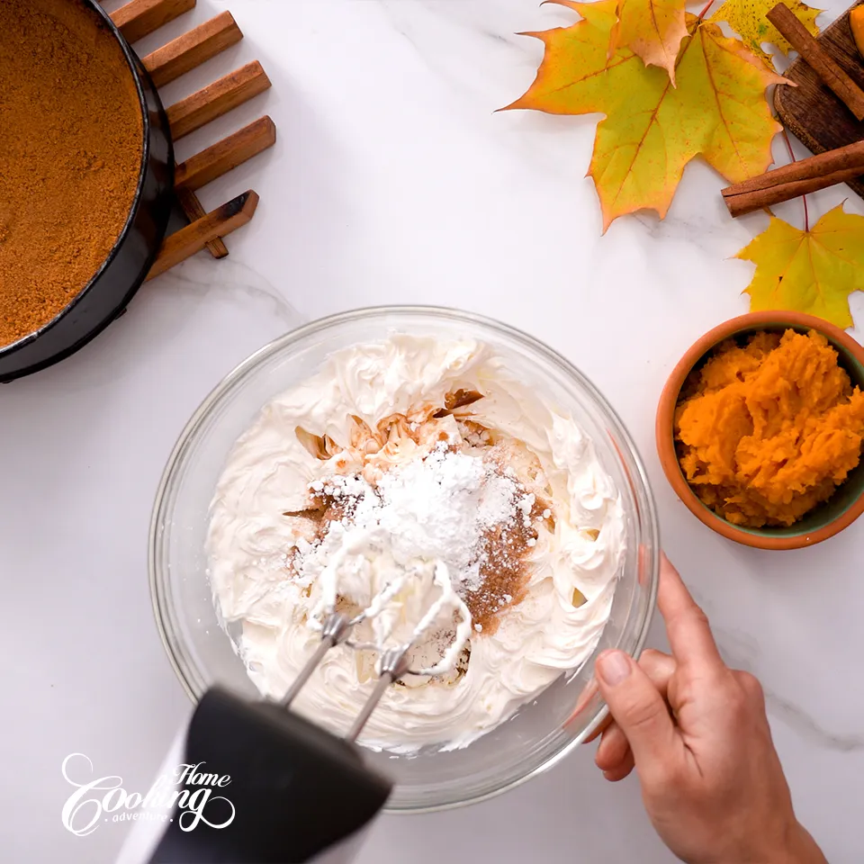 Pumpkin Cheesecake - prepare the cream cheese filling - add sugar, vanilla and cornstarch