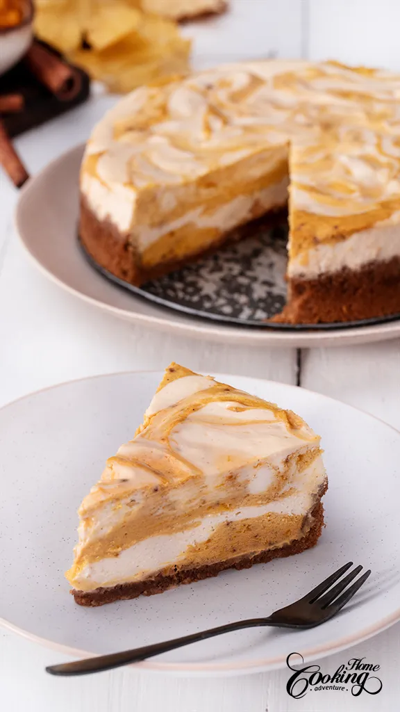 Pumpkin Swirl Cheesecake with a beautiful slice