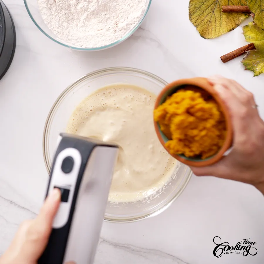 Pumpkin Cream Cheese Crumb Cake - prepare the pumpkin cake batter step 8