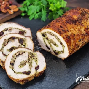 Stuffed Pork Loin with Spinach Pesto, Cranberries and Pecans