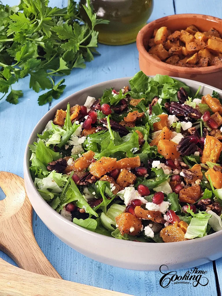Roasted Butternut Squash Salad with toasted pecans, pomegranate seeds and feta