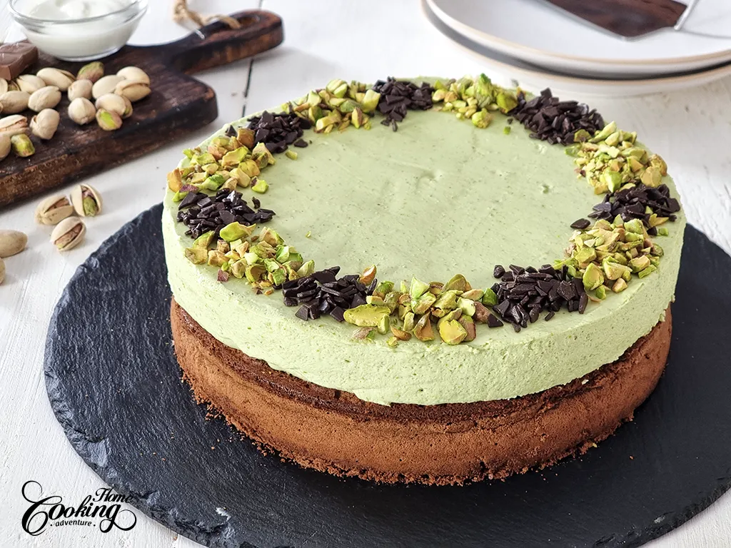 Chocolate Pistachio Cake with Pistachio Cream Cheese Mousse