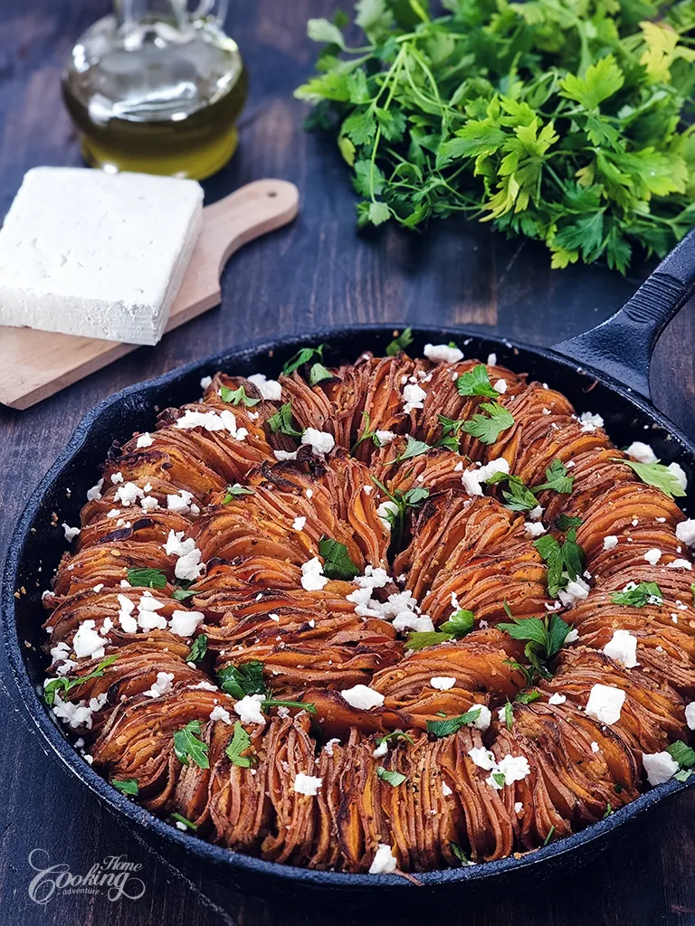 Crispy Sliced Sweet Potatoes with Feta