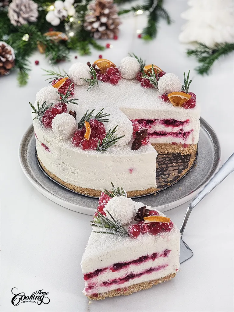 White Chocolate Coconut Cranberry Cheesecake - No-Bake Christmas Cake